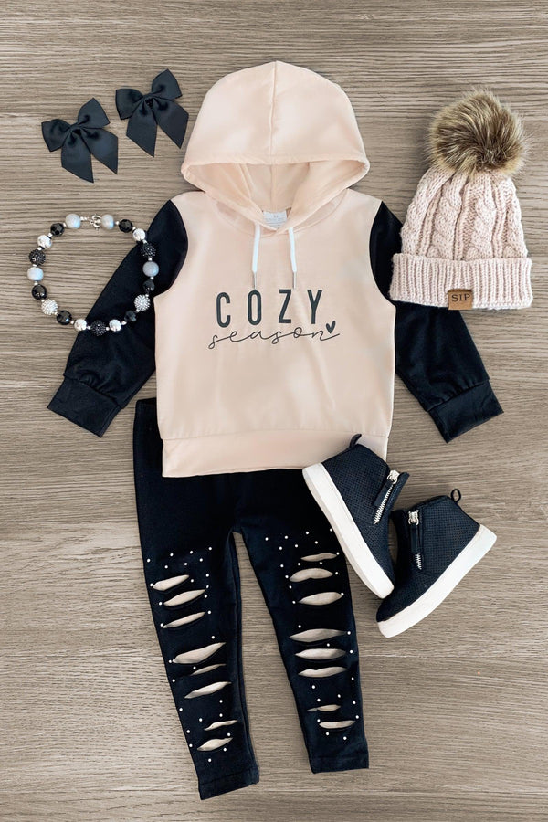 "Cozy Season" Distressed Hoodie Legging Set - Sparkle in Pink