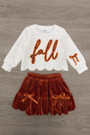 "Fall" Rust Floral Suede Skirt Set - 6-12 Months - Cream long-sleeve top with scalloped hem and rust floral script "fall," paired with rust velvet skirt featuring bows and.