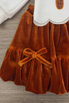 "Fall" Rust Floral Suede Skirt Set - 6-12 Months - Rust-colored suede skirt with gathered ruffle hem and matching velvet bow detail.