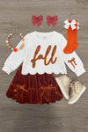 "Fall" Rust Floral Suede Skirt Set - 6-12 Months - Cream long-sleeve top with scalloped hem and rust floral "fall" text paired with rust velvet skirt featuring bow accents.