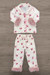 Mom & Me - Fuzzy Flower & Bow Pajamas - CHILD-6-12 Months - Cream and pink fuzzy fleece pajamas with floral print, featuring bow accents on the sleeves and cuffs.