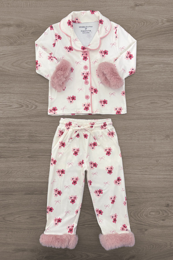 Mom & Me - Fuzzy Flower & Bow Pajamas - CHILD-6-12 Months - Cream and pink fuzzy fleece pajamas with floral print, featuring bow accents on the sleeves and cuffs.