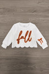 "Fall" Rust Floral Suede Skirt Set - 6-12 Months - White long-sleeve top with scalloped hem, rust floral "fall" text on front, and bow detail on sleeve.