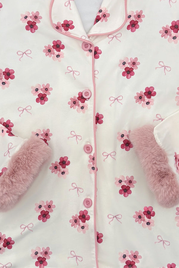 Mom & Me - Fuzzy Flower & Bow Pajamas - CHILD-6-12 Months - Cream pajama top with pink and red floral print, pink bows, and fuzzy pink cuffs and collar.