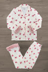 Mom & Me - Fuzzy Flower & Bow Pajamas - MOM-XS - Cream pajama set with pink floral print, fuzzy pink cuffs, and a button-up top with collar.