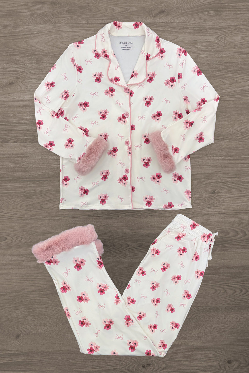 Mom & Me - Fuzzy Flower & Bow Pajamas - MOM-XS - Cream pajama set with pink floral print, fuzzy pink cuffs, and a button-up top with collar.