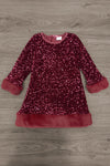 Sparkle Plush Sequin Long Sleeve Dress - Burgundy / 6-12 Months - Burgundy long sleeve dress with plush sequins, faux fur cuffs, and hem trim.