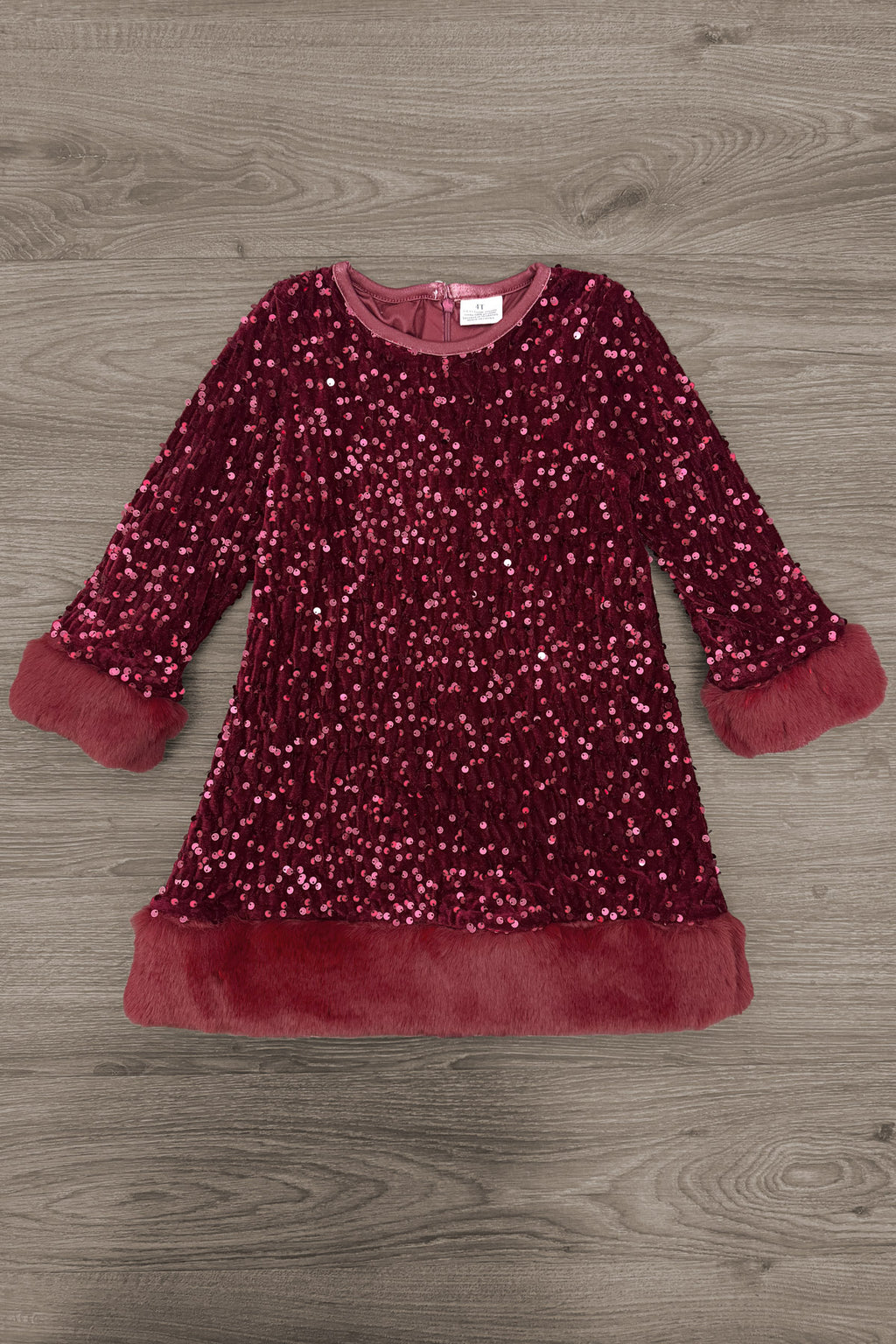 Sparkle Plush Sequin Long Sleeve Dress - Burgundy / 6-12 Months - Burgundy long sleeve dress with plush sequins, faux fur cuffs, and hem trim.