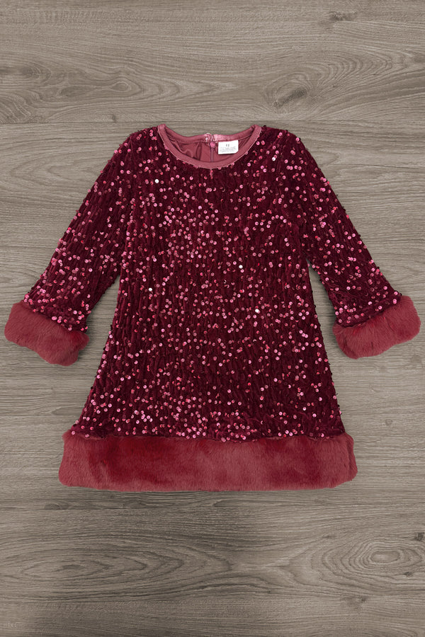 Sparkle Plush Sequin Long Sleeve Dress - Burgundy / 6-12 Months - Burgundy long sleeve dress with plush sequins, faux fur cuffs, and hem trim.