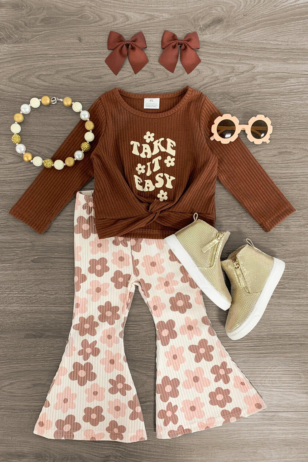 "Take It Easy" Ribbed Flower Bell Bottom Set - Sparkle in Pink