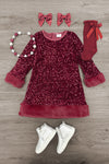 Sparkle Plush Sequin Long Sleeve Dress - Green / 6-12 Months - Burgundy long sleeve dress with plush cuffs and hem, covered in sparkling sequins.