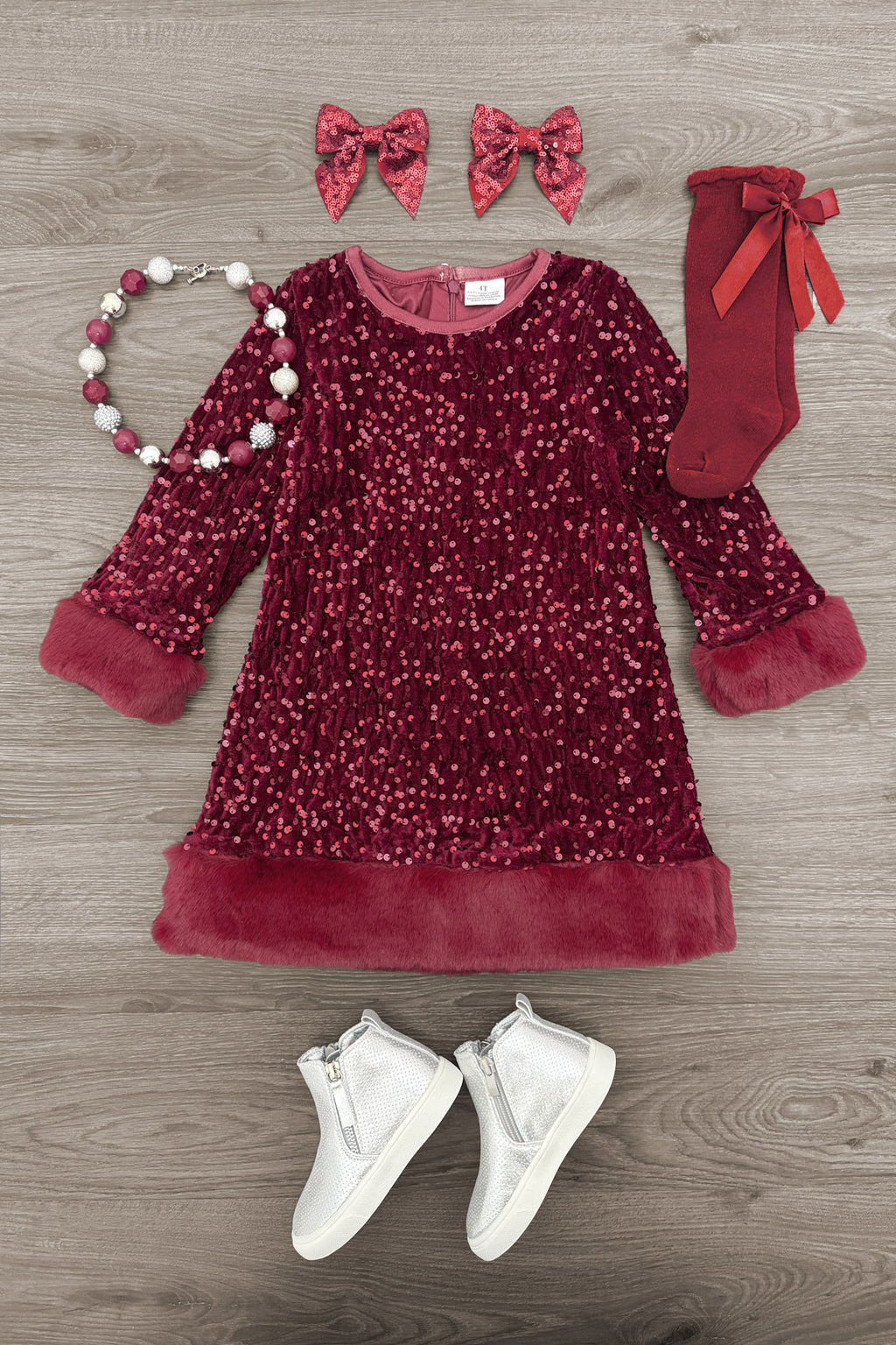 Sparkle Plush Sequin Long Sleeve Dress - Green / 6-12 Months - Burgundy long sleeve dress with plush cuffs and hem, covered in sparkling sequins.
