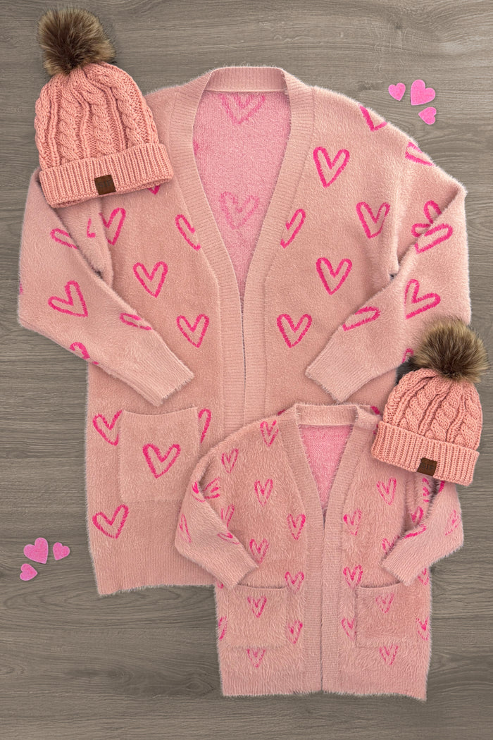 Mom & Me - Pink Heart Cardigan - BABY-0-3 Months-FAMILY - Matching pink cardigans with red hearts for mom and child, paired with pink knit hats topped with brown pom-poms.
