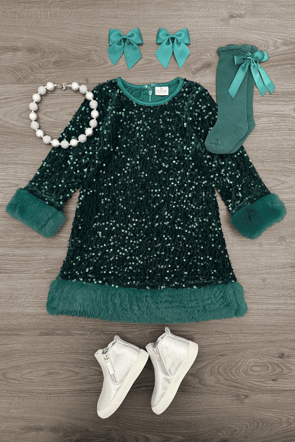 Sparkle Plush Sequin Long Sleeve Dress - Green / 6-12 Months - Green long sleeve plush sequin dress with ruffled cuffs and hem, paired with matching socks, teal bows, white pearl.