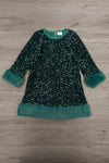 Sparkle Plush Sequin Long Sleeve Dress - Green / 6-12 Months - Dark green long sleeve mini dress with sparkling sequins, plush velvet cuffs, and ruffled hem.