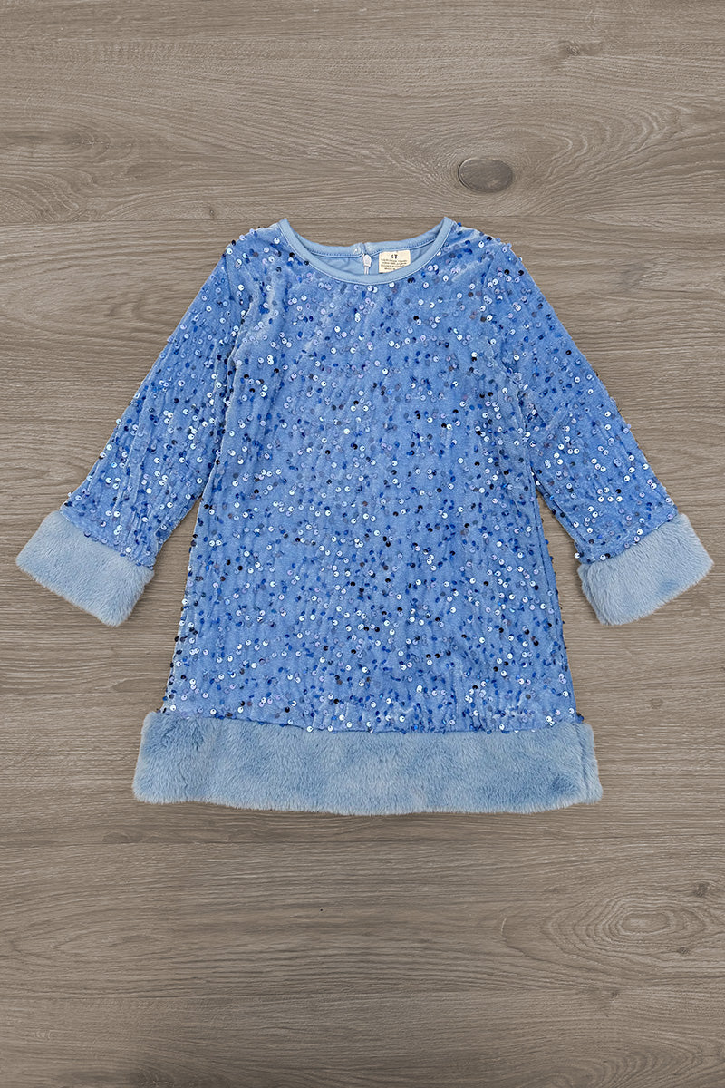 Sparkle Plush Sequin Long Sleeve Dress - Blue / 6-12 Months - Blue long sleeve dress with plush sequin fabric, light blue faux fur cuffs and hemline.