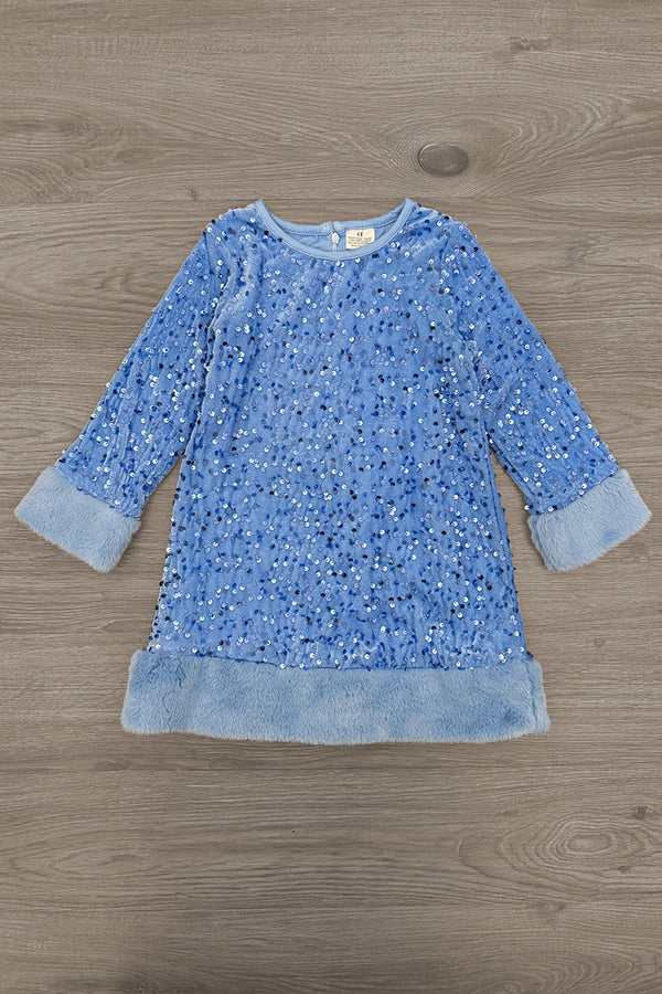 Sparkle Plush Sequin Long Sleeve Dress - Blue / 6-12 Months - Blue long sleeve dress with plush sequin fabric, light blue faux fur cuffs and hemline.