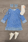 Sparkle Plush Sequin Long Sleeve Dress - Green / 6-12 Months - Blue plush sequin long sleeve dress with velvet cuffs and hem, paired with blue bow clips, cream socks with orange flower,.