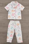 Mom & Me - Pastel Pumpkin Waffle Knit Pajamas - CHILD-6-12 Months - Cream waffle knit pajamas with pastel pumpkins in pink, orange, blue, and purple, featuring a short-sleeve button-up top and
