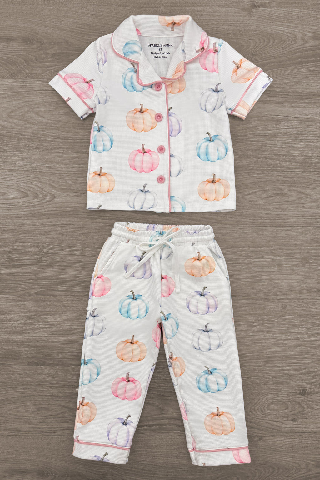 Mom & Me - Pastel Pumpkin Waffle Knit Pajamas - CHILD-6-12 Months - Cream waffle knit pajamas with pastel pumpkins in pink, orange, blue, and purple, featuring a short-sleeve button-up top and