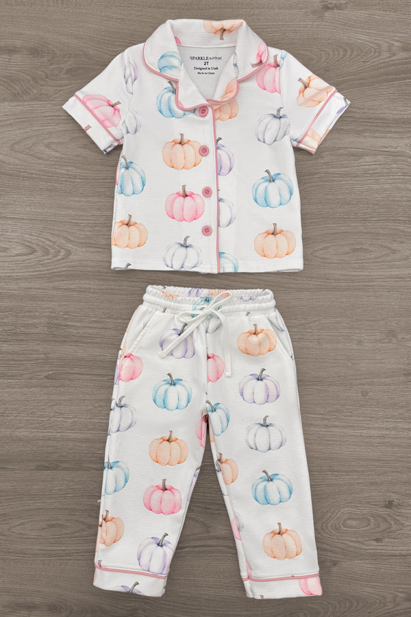 Mom & Me - Pastel Pumpkin Waffle Knit Pajamas - CHILD-6-12 Months - Cream waffle knit pajamas with pastel pumpkins in pink, orange, blue, and purple, featuring a short-sleeve button-up top and