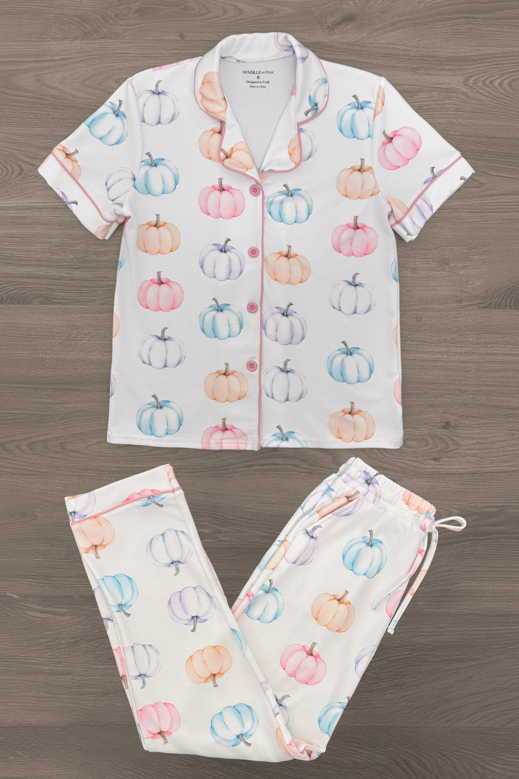 Mom & Me - Pastel Pumpkin Waffle Knit Pajamas - MOM-XS - Cream waffle knit pajama set with pastel pumpkin prints, short-sleeve button-up top and drawstring pants.