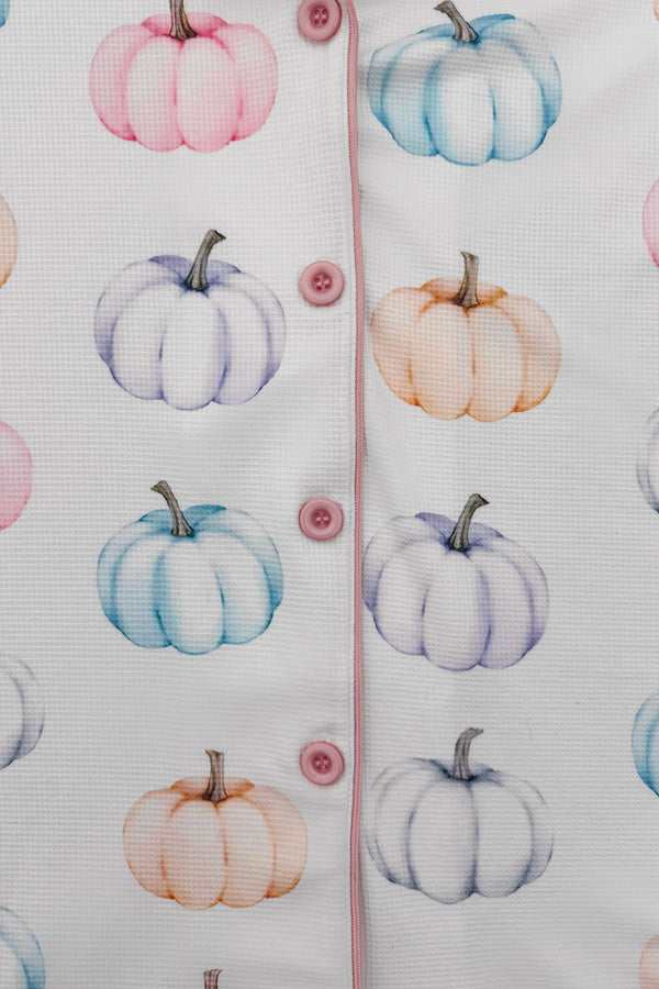Mom & Me - Pastel Pumpkin Waffle Knit Pajamas - CHILD-6-12 Months - White waffle knit pajamas with pastel pumpkin print in pink, blue, purple, and orange, featuring front buttons.