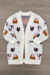 Mom & Me - Cozy Thanksgiving Cardigan - CHILD-6-12 Months - Cream-colored fuzzy cardigan with Thanksgiving-themed patches including pumpkin pie slices, turkeys, and candy canes,.