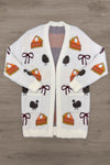 Mom & Me - Cozy Thanksgiving Cardigan - MOM-XS - Cream knit cardigan with Thanksgiving-themed patches including pumpkin pie slices, black turkeys, and brown bows.