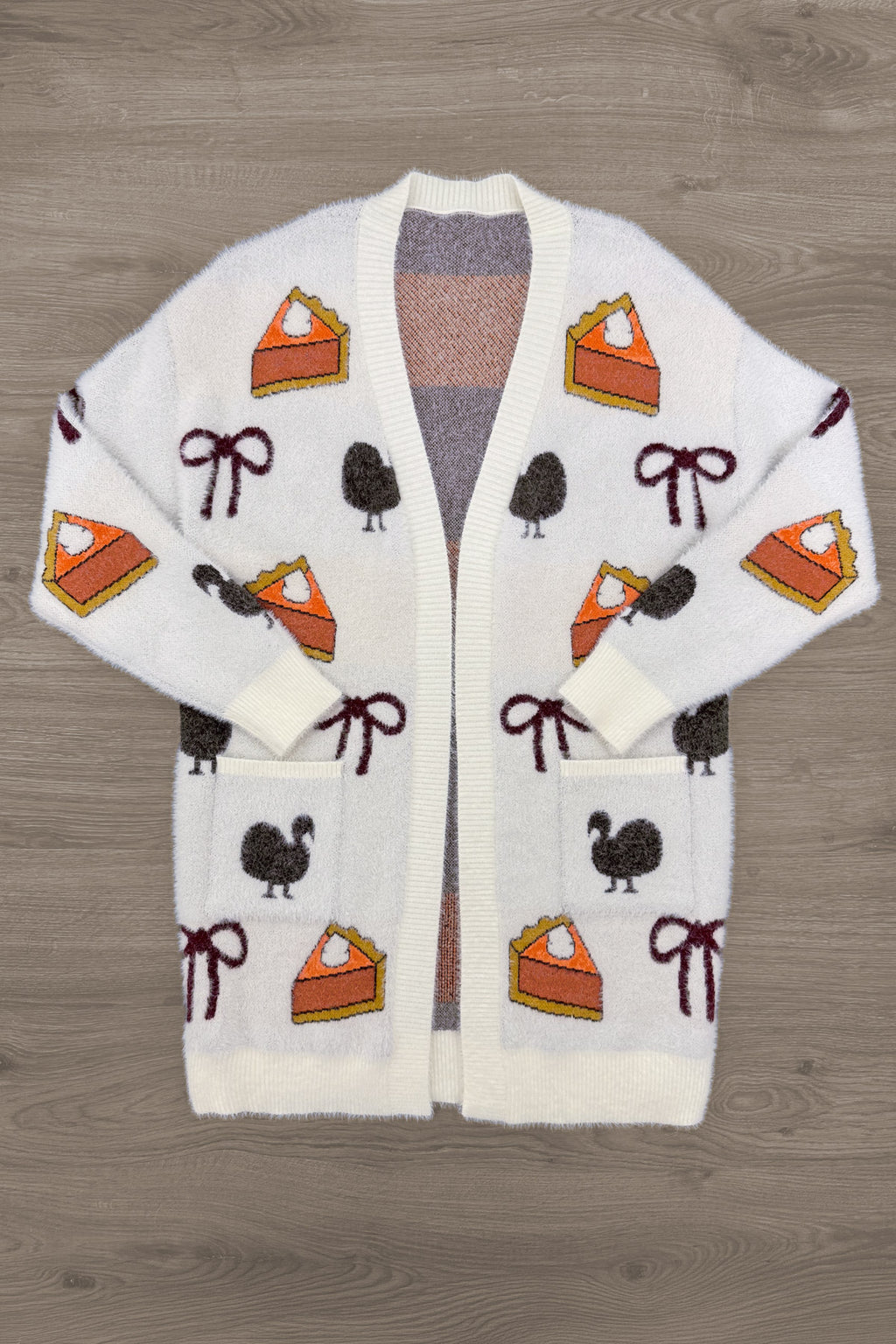 Mom & Me - Cozy Thanksgiving Cardigan - MOM-XS - Cream knit cardigan with Thanksgiving-themed patches including pumpkin pie slices, black turkeys, and brown bows.