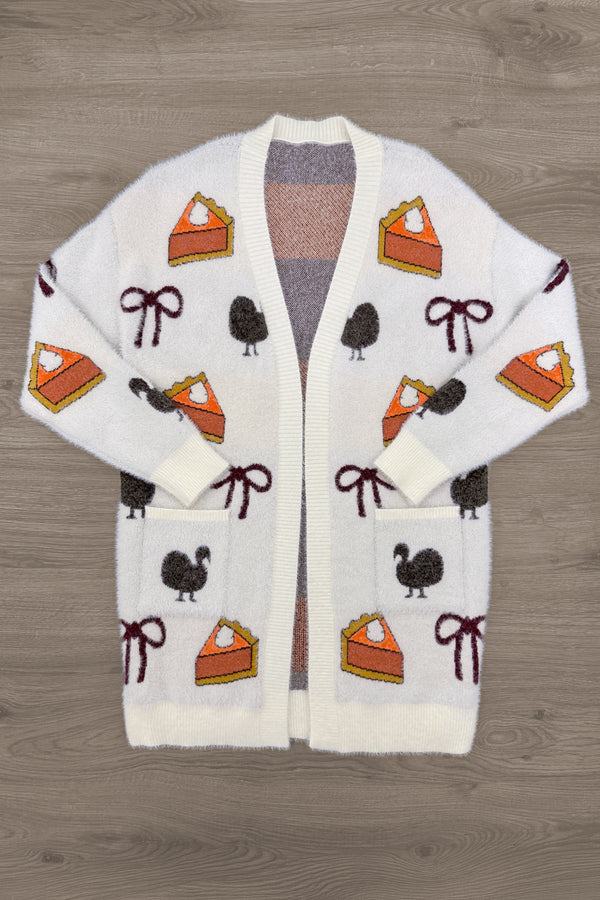 Mom & Me - Cozy Thanksgiving Cardigan - MOM-XS - Cream knit cardigan with Thanksgiving-themed patches including pumpkin pie slices, black turkeys, and brown bows.