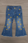 Pumpkin Denim Flare Set - 6-12 Months - Blue denim flare pants for girls with orange pumpkin embroidery and frayed hems.