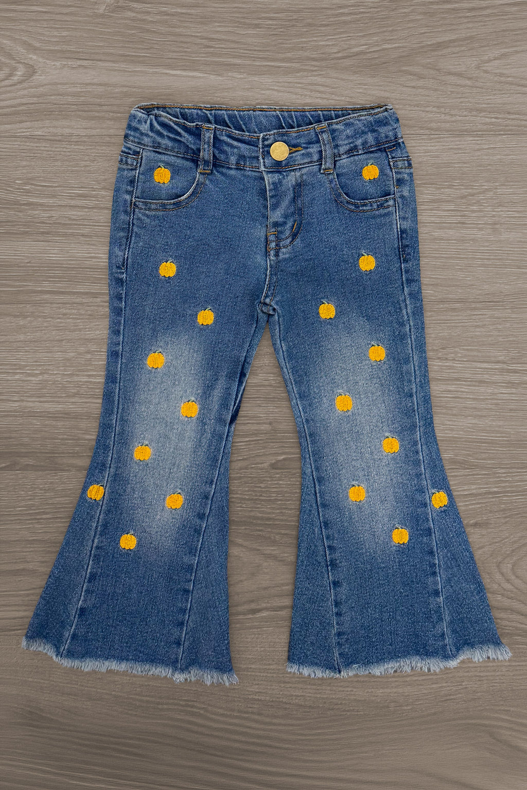 Pumpkin Denim Flare Set - 6-12 Months - Blue denim flare pants for girls with orange pumpkin embroidery and frayed hems.