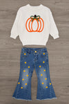 Pumpkin Denim Flare Set - 6-12 Months - Cream sweatshirt with orange pumpkin graphic and green bow, paired with blue denim flare jeans with yellow polka dots.