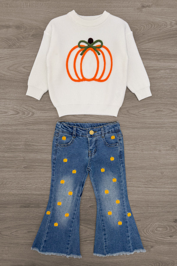 Pumpkin Denim Flare Set - 6-12 Months - Cream sweatshirt with orange pumpkin graphic and green bow, paired with blue denim flare jeans with yellow polka dots.