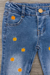 Pumpkin Denim Flare Set - 6-12 Months - Blue denim flare pants with embroidered small orange pumpkins scattered on front.