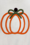 Pumpkin Denim Flare Set - 6-12 Months - Orange embroidered pumpkin with green bow and dark brown stem on white ribbed fabric.