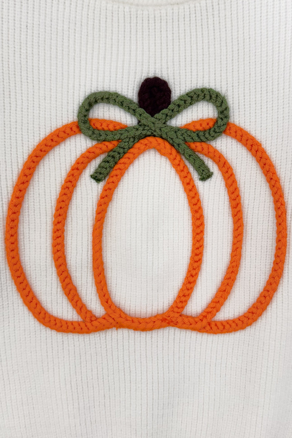 Pumpkin Denim Flare Set - 6-12 Months - Orange embroidered pumpkin with green bow and dark brown stem on white ribbed fabric.