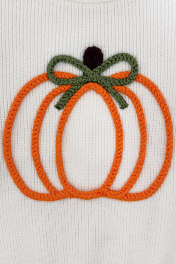Pumpkin Denim Flare Set - 6-12 Months - Orange embroidered pumpkin with green bow and dark brown stem on white ribbed fabric.