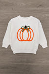 Pumpkin Denim Flare Set - 6-12 Months - Cream sweatshirt with a bright orange pumpkin design and green stem embroidery on the front.
