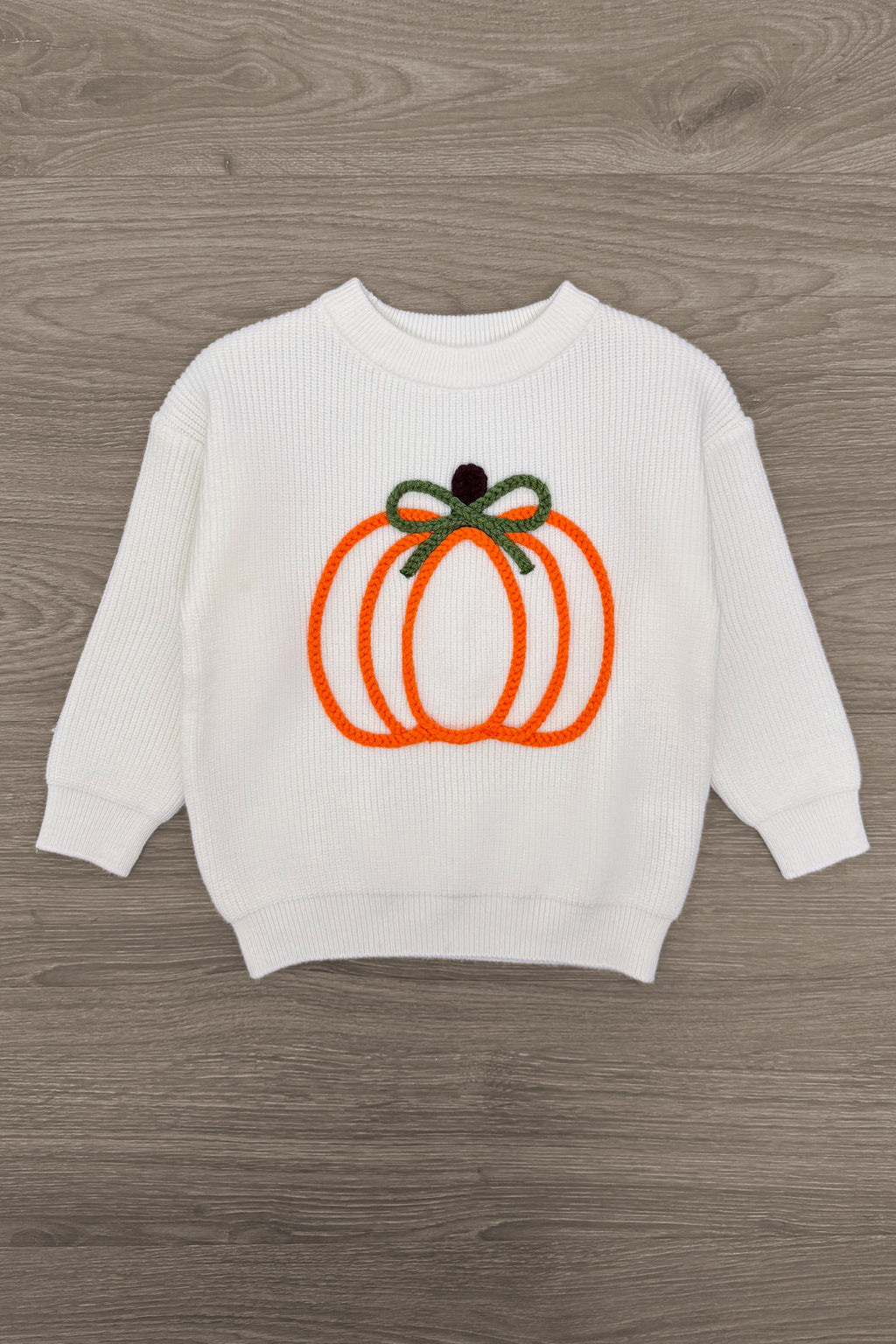 Pumpkin Denim Flare Set - 6-12 Months - Cream sweatshirt with a bright orange pumpkin design and green stem embroidery on the front.