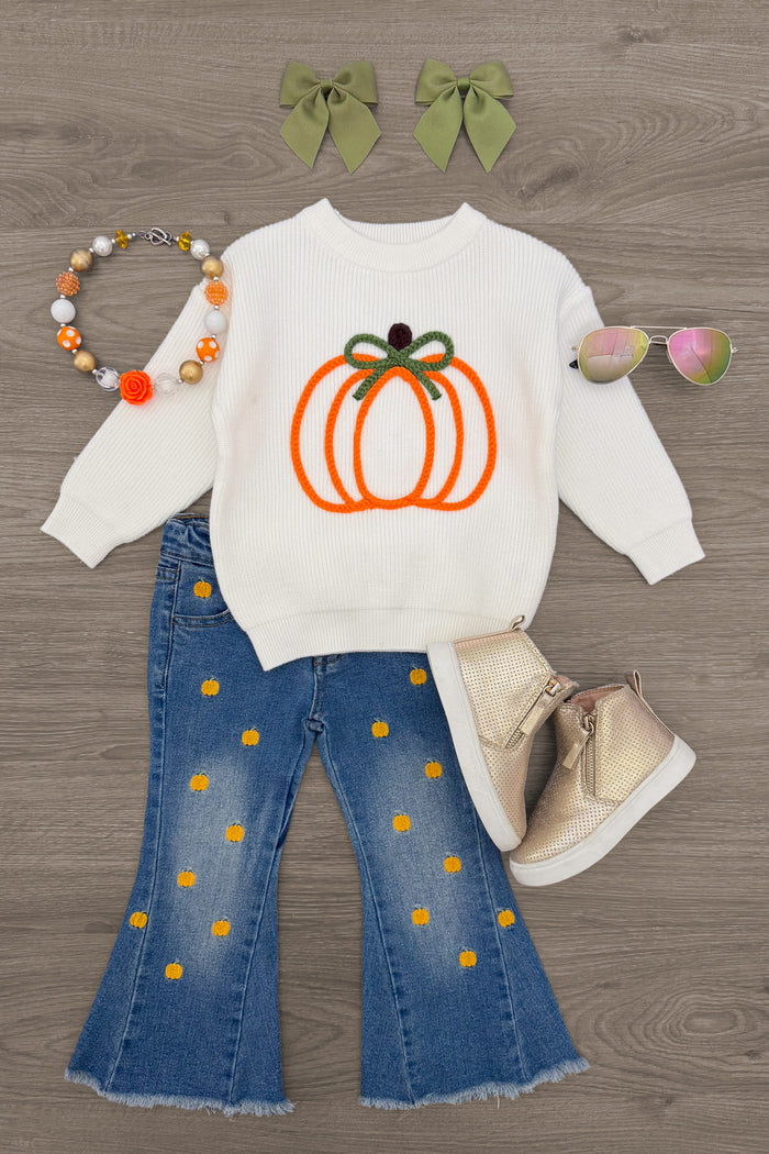 Pumpkin Denim Flare Set - 6-12 Months - Cream long-sleeve sweater with an orange pumpkin design, paired with blue denim flare jeans with yellow polka dots and.