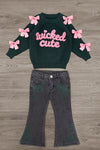 "Wicked Cute" Denim Flare Set - 6-12 Months - Black long-sleeve sweatshirt with pink "wicked cute" text and pink bows on sleeves paired with black denim flare pants.