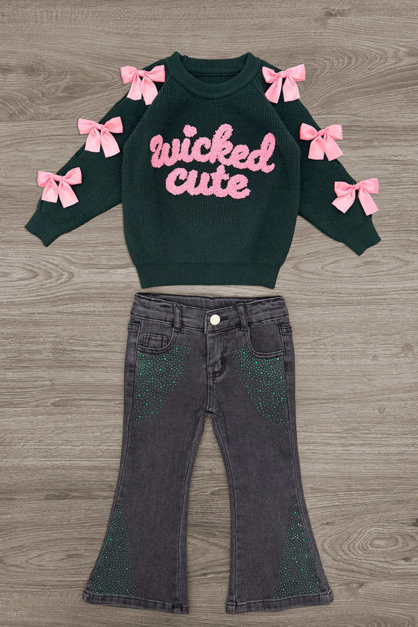 "Wicked Cute" Denim Flare Set - 6-12 Months - Black long-sleeve sweatshirt with pink "wicked cute" text and pink bows on sleeves paired with black denim flare pants.