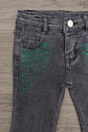 "Wicked Cute" Denim Flare Set - 6-12 Months - Black denim flare pants with green rhinestone embellishments on front pockets and silver button closure.