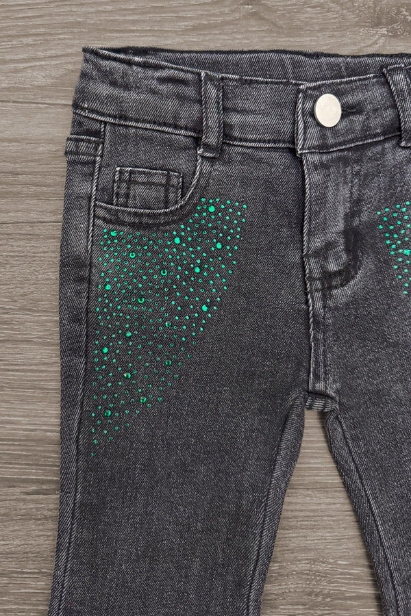 "Wicked Cute" Denim Flare Set - 6-12 Months - Black denim flare pants with green rhinestone embellishments on front pockets and silver button closure.