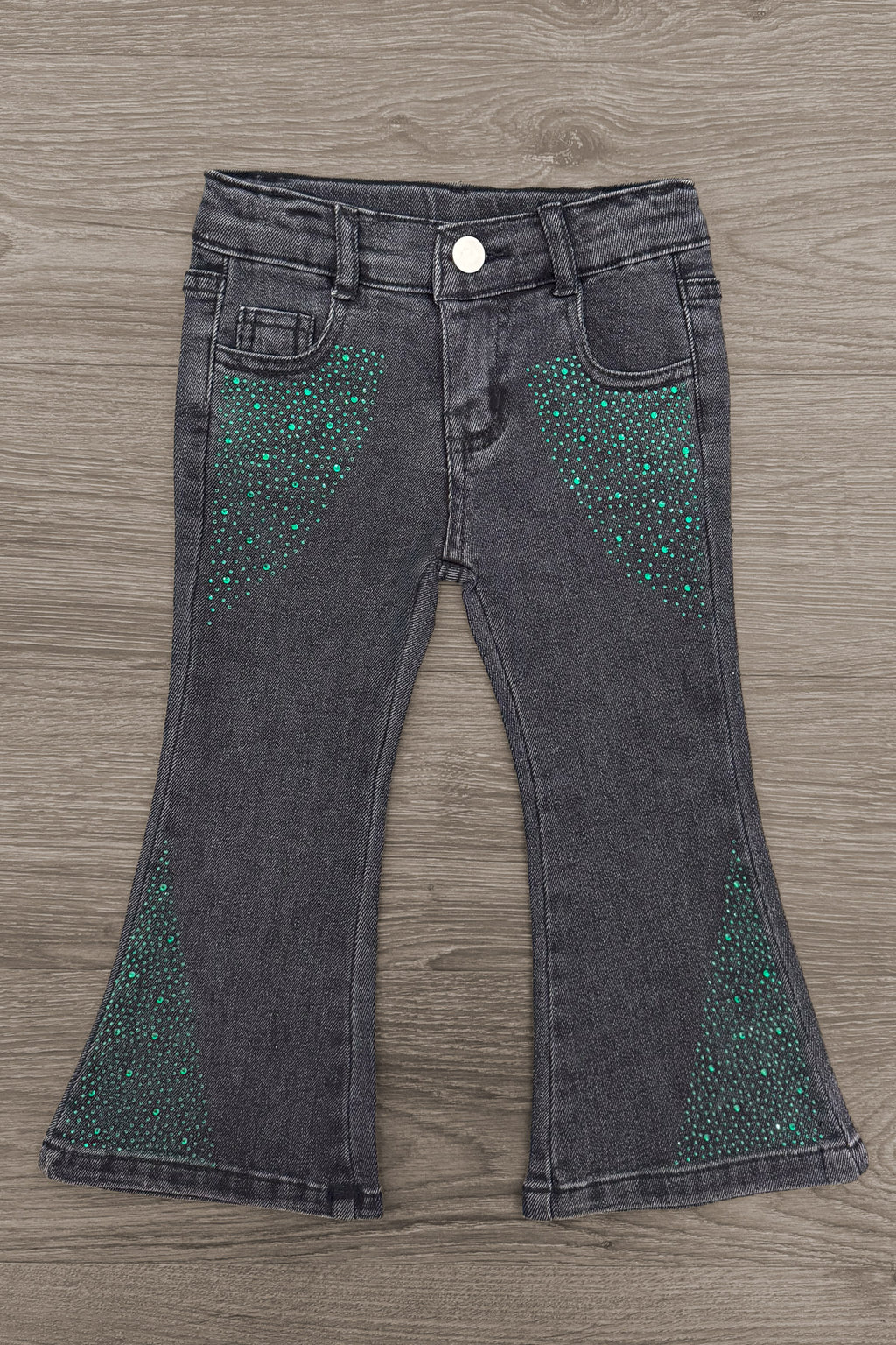 "Wicked Cute" Denim Flare Set - 6-12 Months - Black denim flare pants with green rhinestone star designs on front pockets and lower legs.