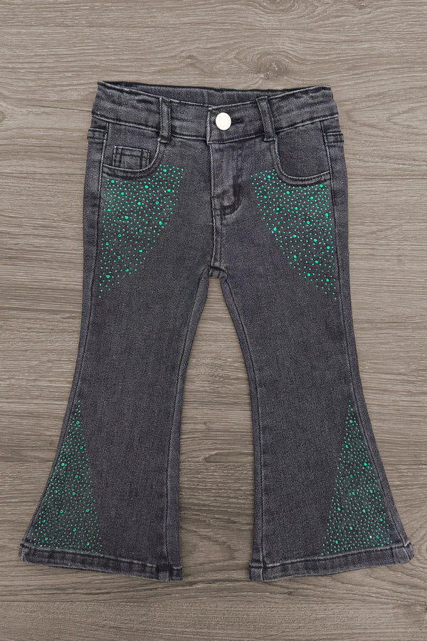 "Wicked Cute" Denim Flare Set - 6-12 Months - Black denim flare pants with green rhinestone star designs on front pockets and lower legs.