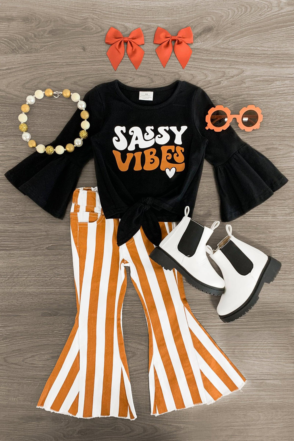 "Sassy Vibes" Striped Denim Bell Bottom Set - Sparkle in Pink