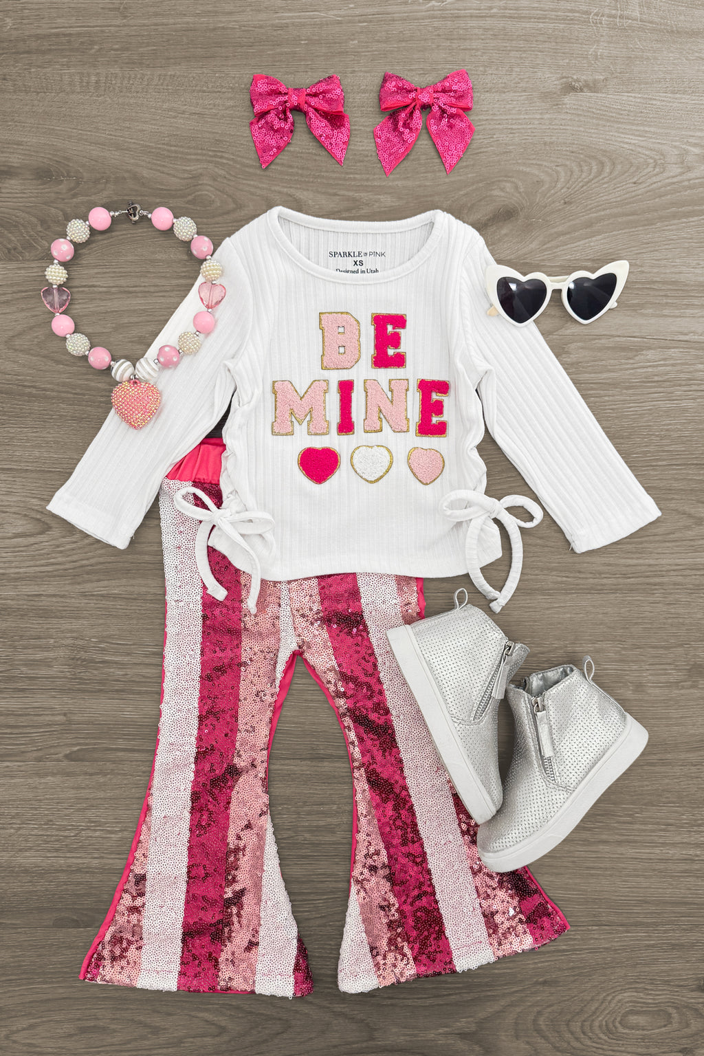 "Be Mine" Pink Sequin Bell Bottom Set | Sparkle in Pink